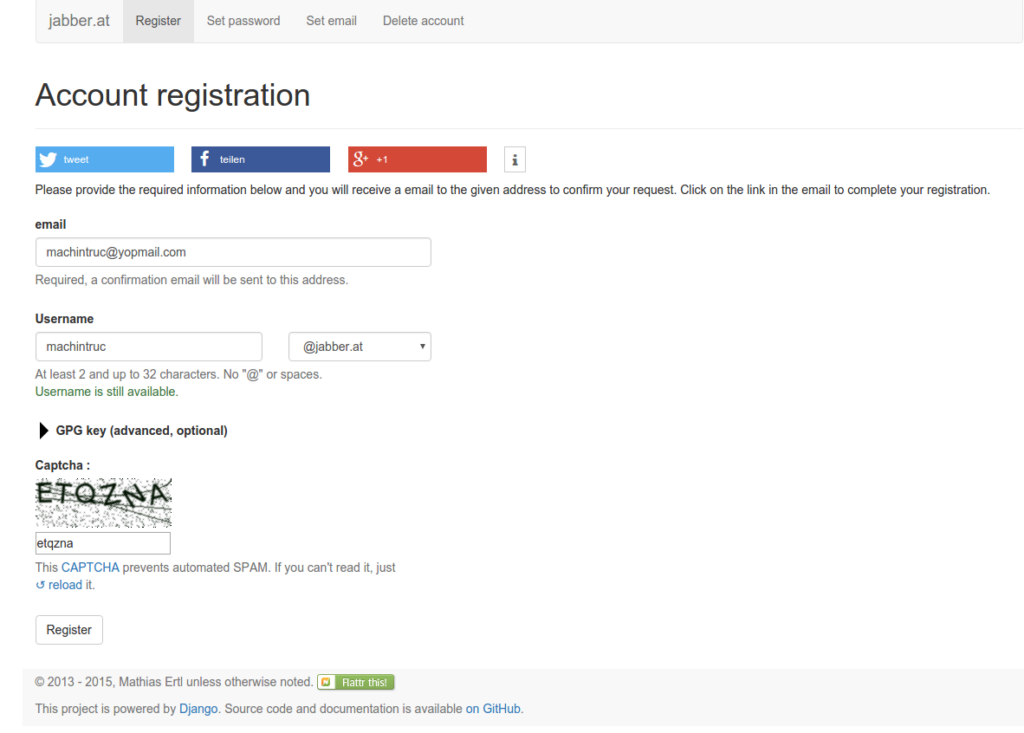 L'inscription sur jabber.at